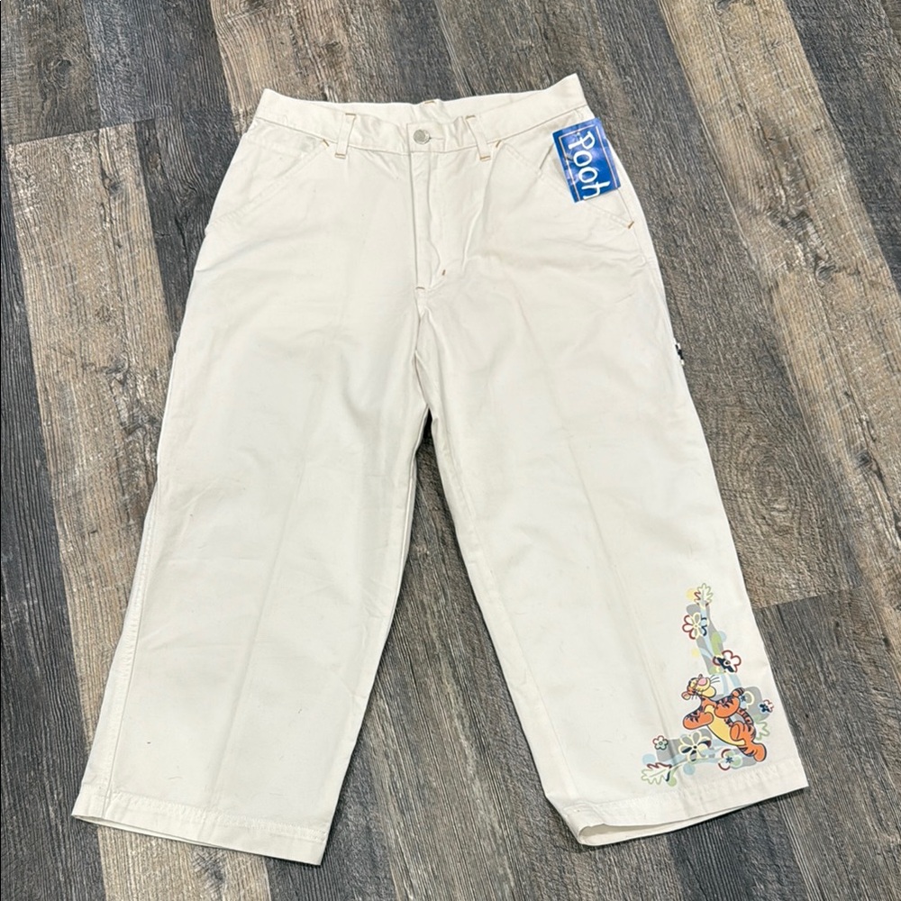 Vintage Pooh Disney Cargo Crop White Pants with Graphic Cartoon Design Y2K
